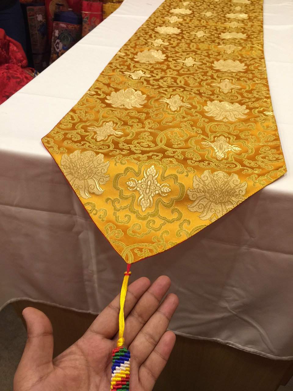 Tibetan Lotus Silk Brocade Runner With Blessed Tassel/Table Cover