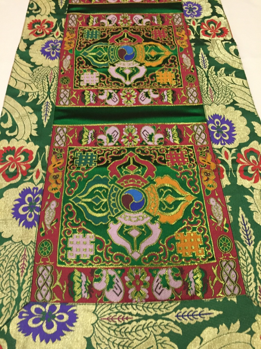Tibetan Brocade Double Dorje Green Table Runner