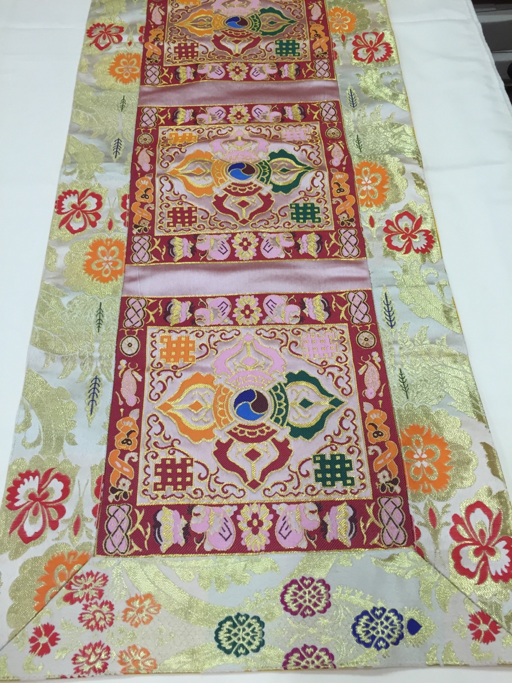 Tibetan Brocade Double Dorje White Table Runner