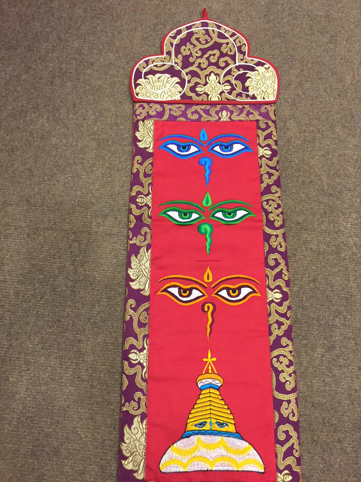 Buddha Eyes With Stupa Embroided Silk Wall Hanging