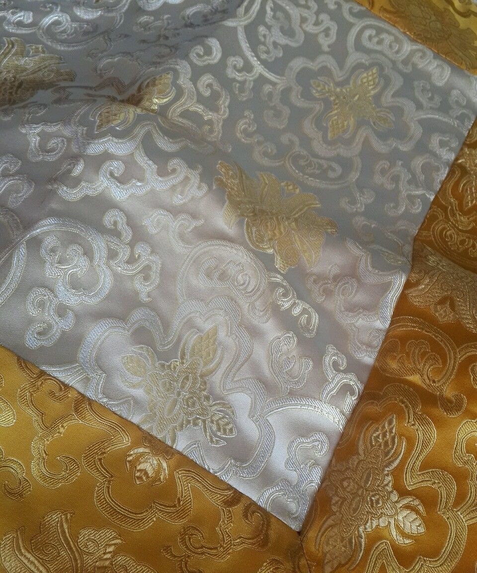 Tibetan Silk Brocade Lotus Design White Table Cover