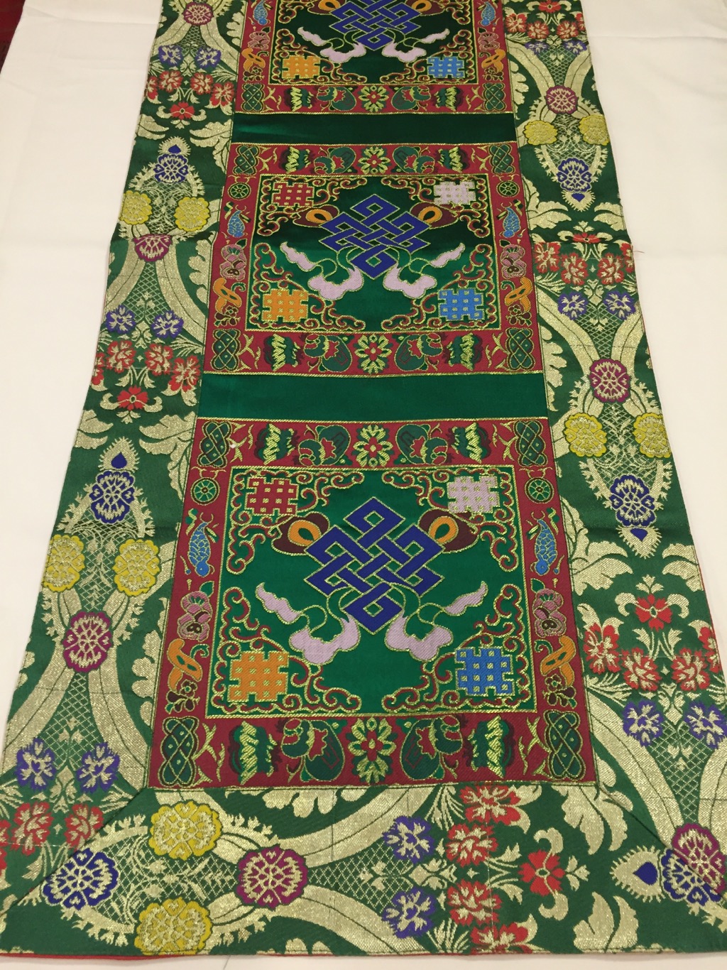 Tibetan Brocade Endless Knot Green Table Runner