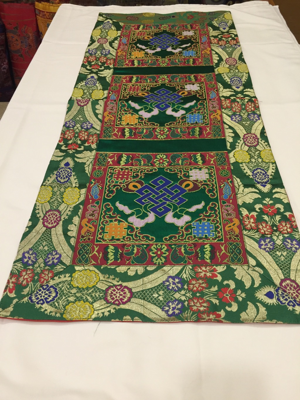 Tibetan Brocade Endless Knot Green Table Runner