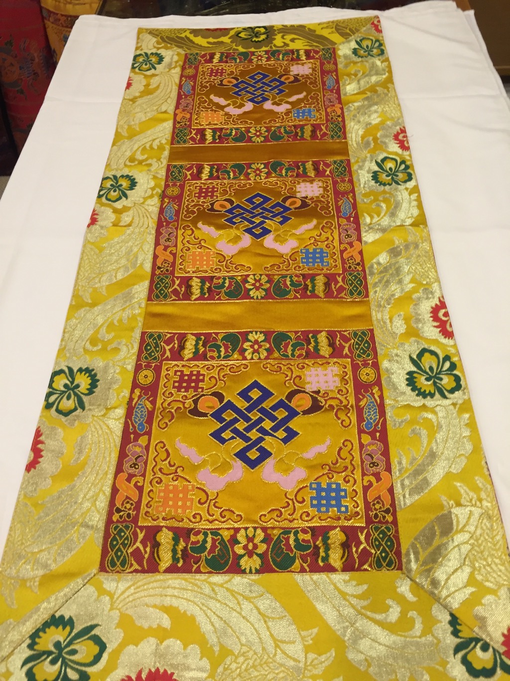 Tibetan Brocade Endless Knot Yellow Table Runner