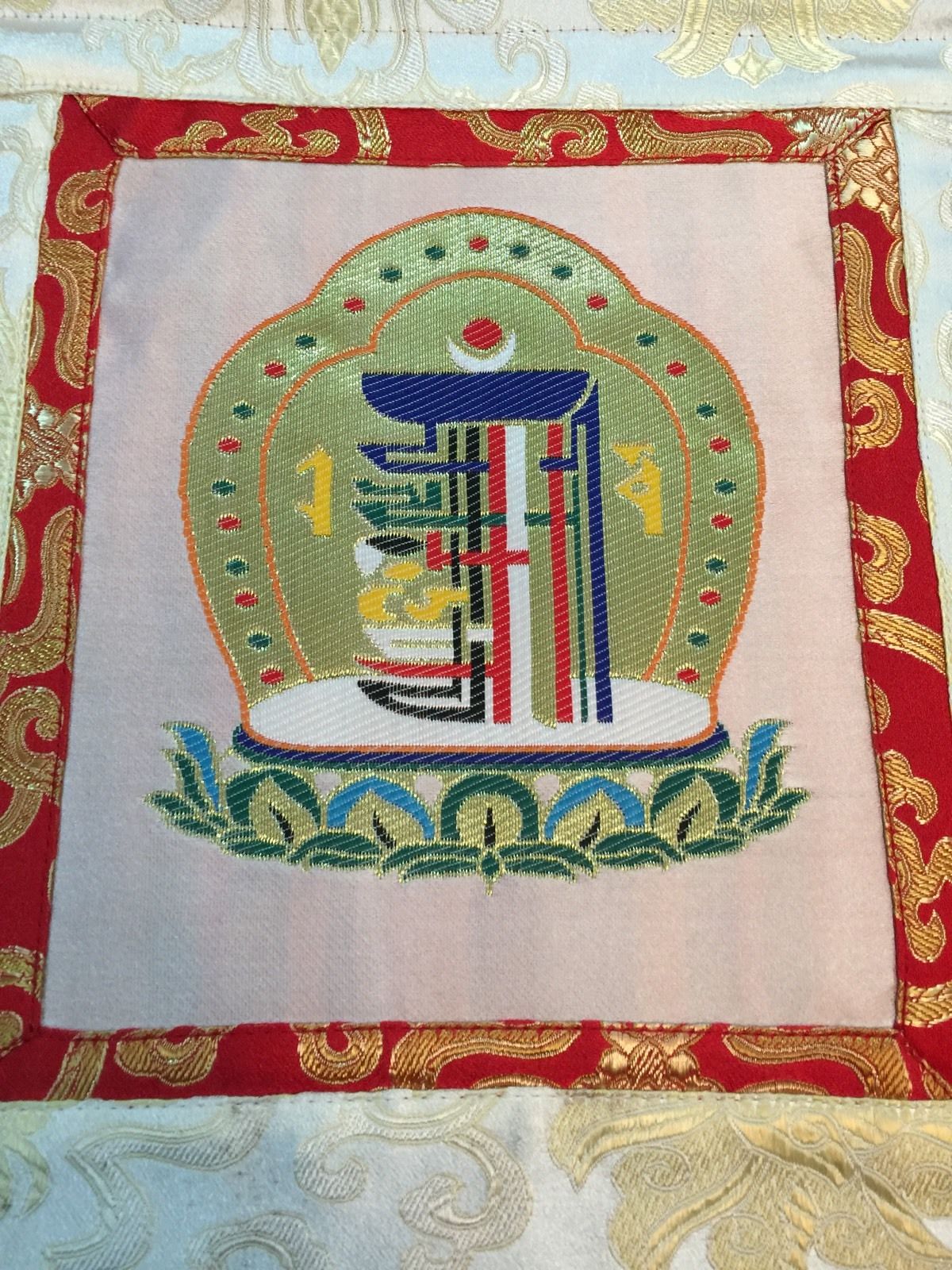 Tibetan White Kalachakra Silk Brocade Wall Hanging